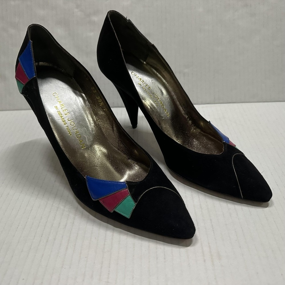 Charles Jourdan Colorblock Pump Shoes Womens 9 Black Suede Stiletto Pointed Toe